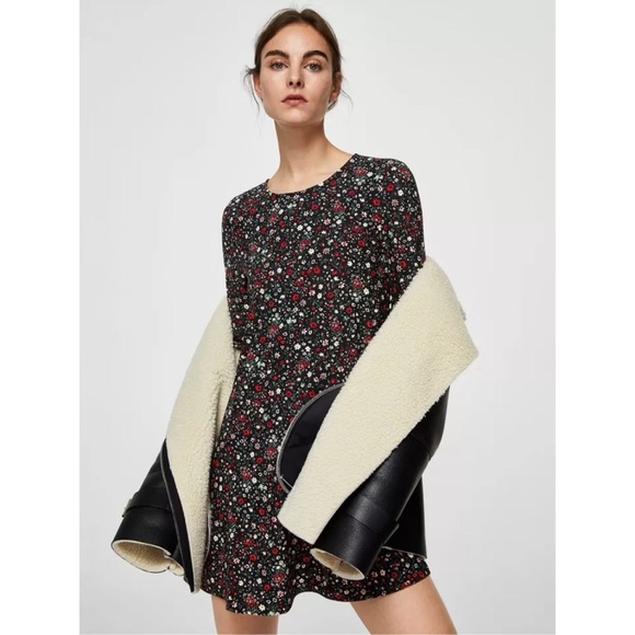 MNG Black Floral Print 3/4 Sleeve Mini Shift Dress - Picture 1 of 6